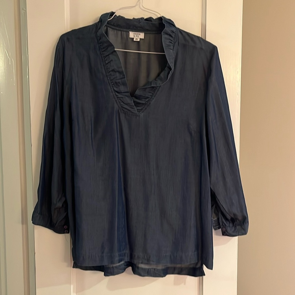 Like new XL Crown & Ivy tencel denim look ruffle neck 3/4 sleeve shirt